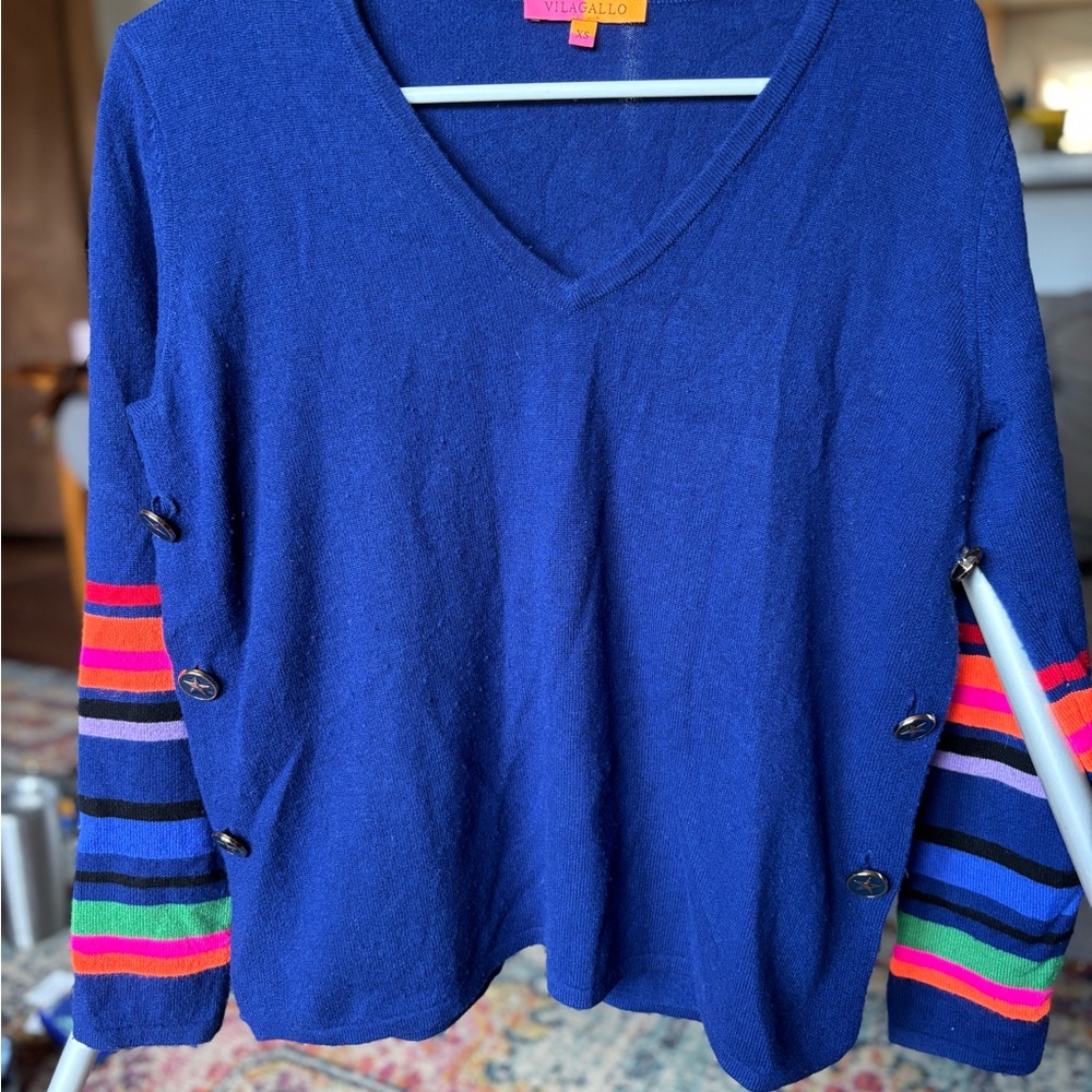 Vilagallo Royal Blue V-Neck Sweater 10% wool size XS - like wearing art!